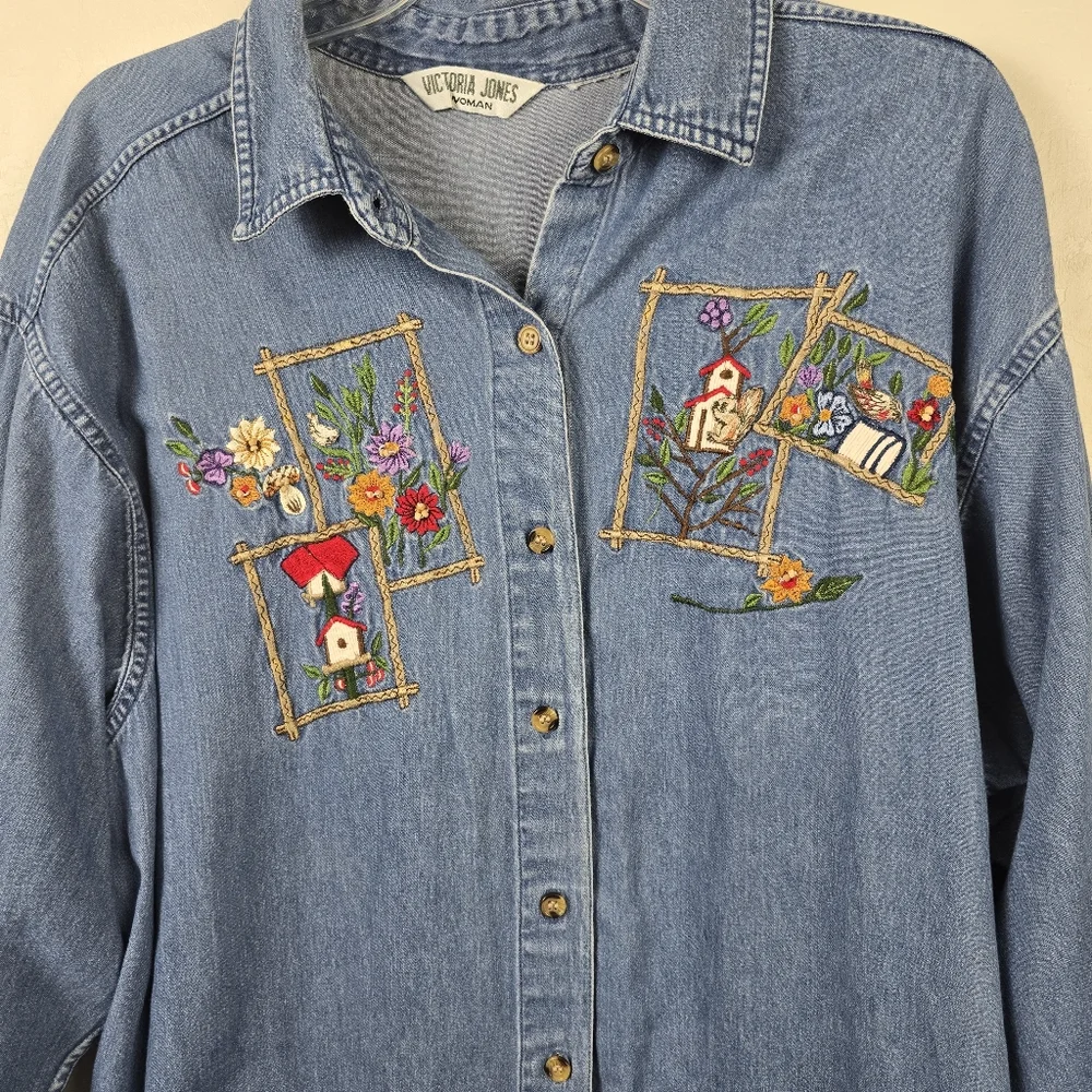 Victoria Jones Woman Denim Chambray Birdhouse Birds Grannycore Vtg Shirt XXL - Picture 4 of 14